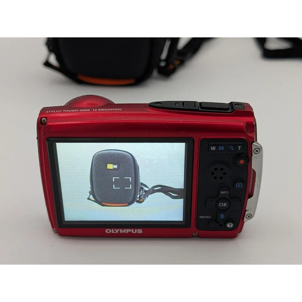 Olympus Stylus Tough 3000 12MP Red Waterproof Camera Bundle w/Case Batteries